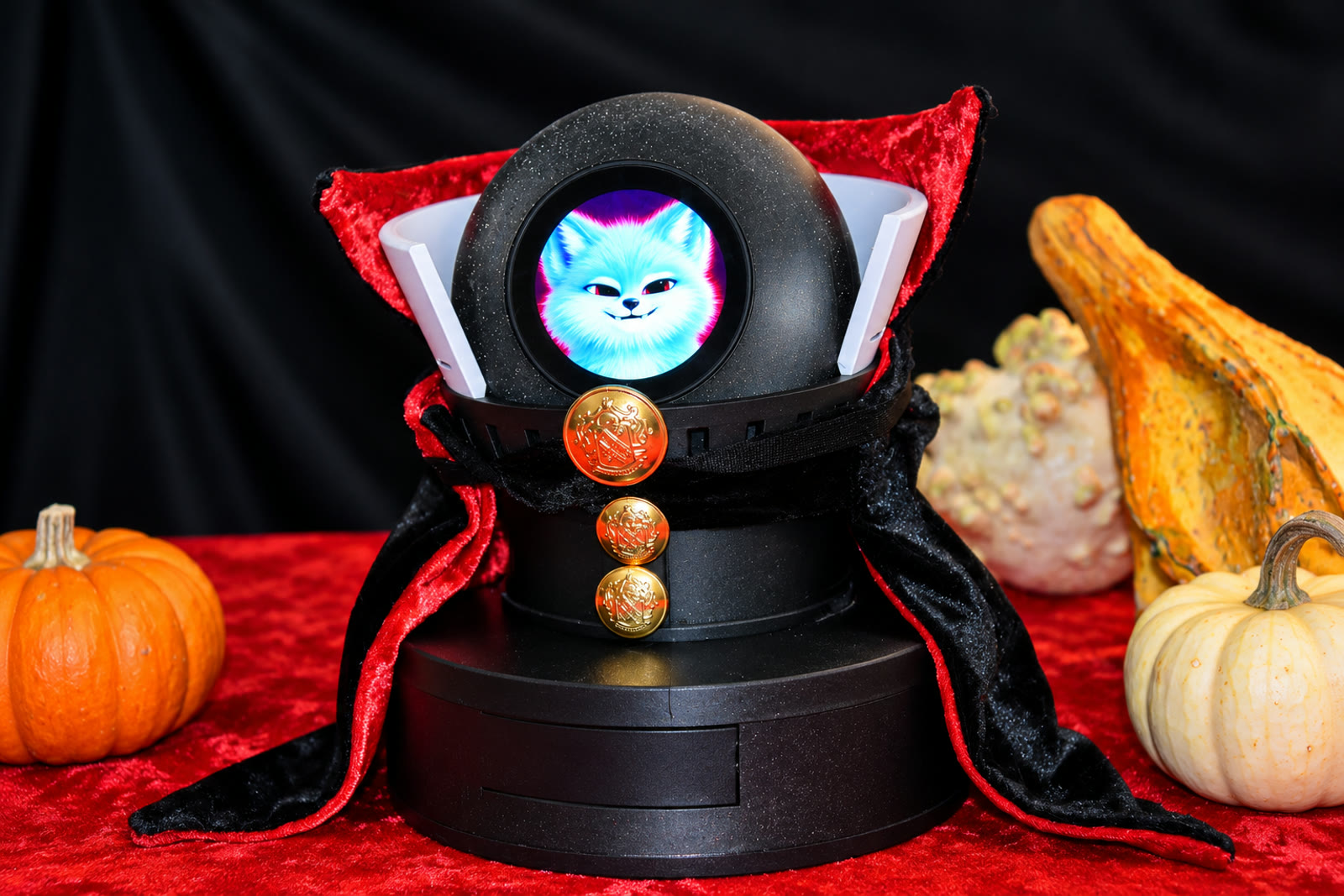 RoboFoxy Air with a sly grinning fox face in its vampire cape